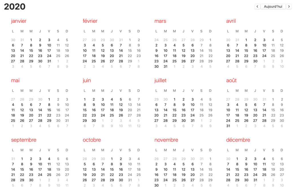 Calendrier 2020